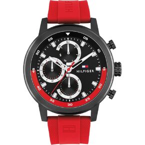 Tommy Hilfiger Men's Sporty Watch – Quartz Multifunction, Stainless Steel Case, Sunray Dial with Stick Indexes and CD-Textured Sub-Eyes, Oversized Crown, Silicone Strap – Gift for Him in Kuwait