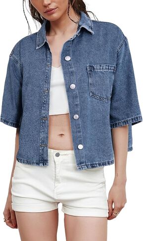 Kedera Women Summer Denim Short Sleeve Shirt 2025 Button Down Casual Turn Down Collar Jean Tops Trendy Jacket Shacket in Saudi Arabia