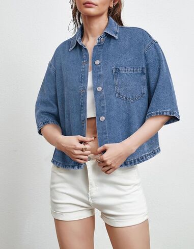Kedera Women Summer Denim Short Sleeve Shirt 2025 Button Down Casual Turn Down Collar Jean Tops Trendy Jacket Shacket in Saudi Arabia