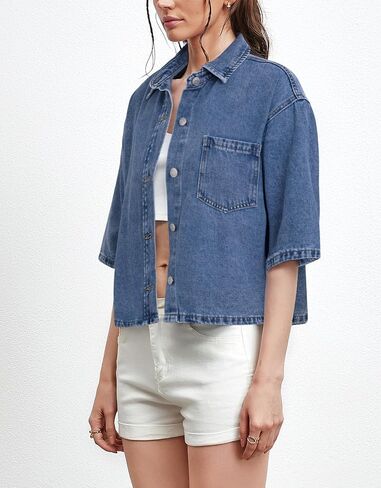 Kedera Women Summer Denim Short Sleeve Shirt 2025 Button Down Casual Turn Down Collar Jean Tops Trendy Jacket Shacket in Saudi Arabia