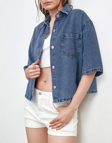 Kedera Women Summer Denim Short Sleeve Shirt 2025 Button Down Casual Turn Down Collar Jean Tops Trendy Jacket Shacket in Saudi Arabia
