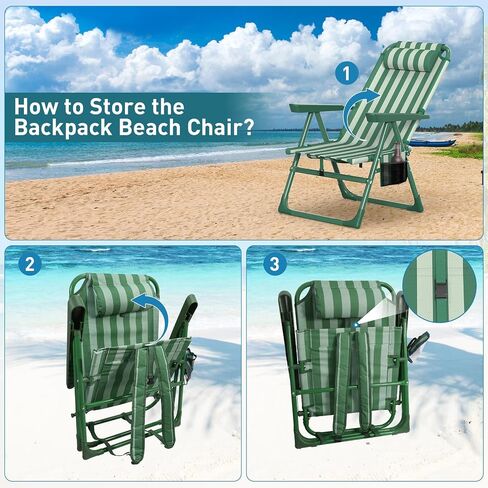 Suteck Backpack Beach Chairs for Adults 2 Pack, 6-Position Folding Reclining Chair with Cooler Bag & Cup Holder, Lightweight Portable Beach Chair for Camping, Outdoor, Sand, Travel Use in Kuwait