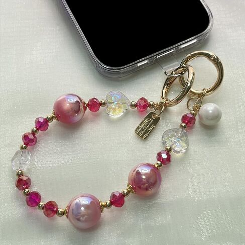 Heart Bead Phone Charm Sparkling Beaded Lanyard with Iridescent Pearl, Women Gift for Phone Case, Bag, Purse in Kuwait