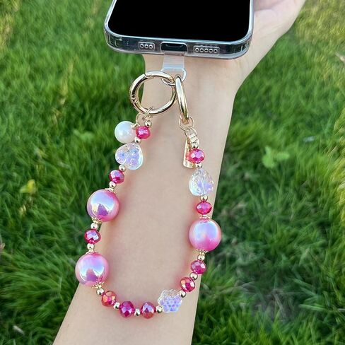 Heart Bead Phone Charm Sparkling Beaded Lanyard with Iridescent Pearl, Women Gift for Phone Case, Bag, Purse in Kuwait