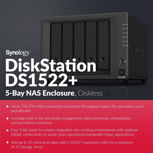 DiskStation DS1522+ حاوية NAS ذات 5 فتحات، بدون أقراص مع 5X WD Red Plus 2 تيرابايت in Kuwait
