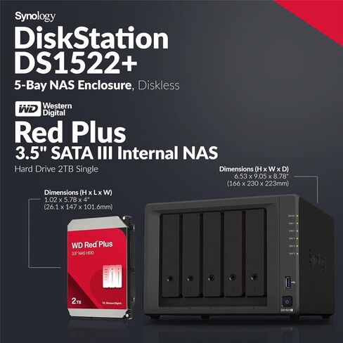 DiskStation DS1522+ حاوية NAS ذات 5 فتحات، بدون أقراص مع 5X WD Red Plus 2 تيرابايت in Kuwait
