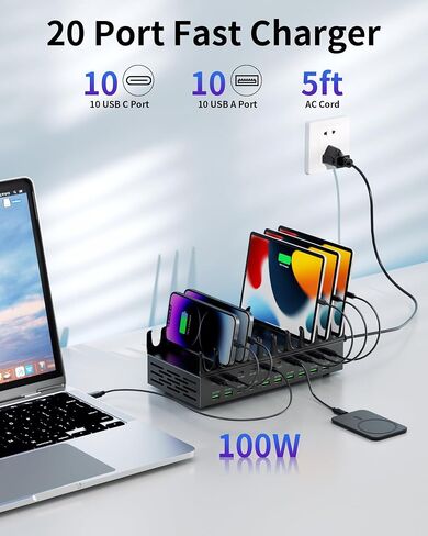 محطة شحن 690 وات لأجهزة متعددة، محطة شحن سريعة 20 منفذ USB C مع منفذ PD PPS مزدوج 100 وات، قاعدة شحن سريعة متعددة الأجهزة لأجهزة الكمبيوتر المحمول MacBook Pro وiPhone وiPad والكمبيوتر اللوحي والهاتف الخلوي in Kuwait