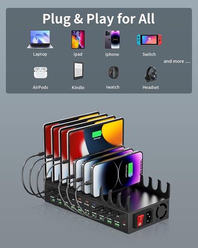 محطة شحن 690 وات لأجهزة متعددة، محطة شحن سريعة 20 منفذ USB C مع منفذ PD PPS مزدوج 100 وات، قاعدة شحن سريعة متعددة الأجهزة لأجهزة الكمبيوتر المحمول MacBook Pro وiPhone وiPad والكمبيوتر اللوحي والهاتف الخلوي in Kuwait