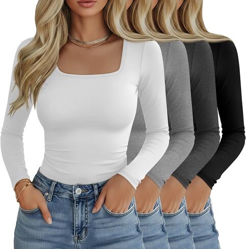 Riyiper 4 Pack Women's Square Neck Long Sleeve Tops Going Out Slim Fit Cotton Shirts Tight Layer Basic Tee 2025 Fall in Saudi Arabia