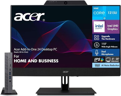 كمبيوتر مكتبي Acer Add-in-One 24 (يتفوق على الكل في واحد) للمنزل والعمل، يتضمن شاشة FHD IPS مقاس 24 بوصة مع مكبرات صوت/ميكروفون/كاميرا ويب، وChromebox CX15/i3-1215U/16 جيجابايت DDR4/128 جيجابايت eMMC SSD/Chrome OS in Kuwait