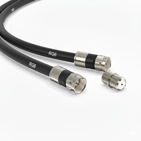 pibidi RG6 Coaxial Cable with F Connector and Extension Coupler, Weather-Sealed Double Rubber O-Ring, High-Speed Internet, Broadband and Digital TV Antenna, Satellite Cable Extension (Black, 6 FT) in Kuwait