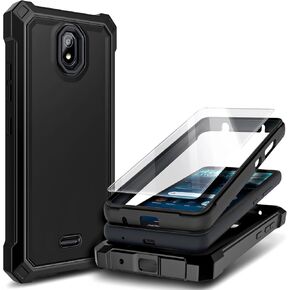 Compatible with Nokia C100 Case with Tempered Glass Screen Protector, Full-Body Protective Shockproof Rugged Bumper Cover, Impact Resist Phone Cover Case (Black) in Kuwait