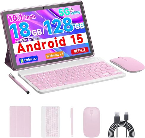 COOPERS Tablet Android 15, 10 inch Tablet 18GB RAM+128GB ROM 2TB Expandable, 2.0Ghz Quad-core Processor, 5G WiFi6 BT 5.0, Dual Cameras, 2 in 1 Tablets with Keyboard Case Mouse Stylus, Widevine L1 Pink in Kuwait