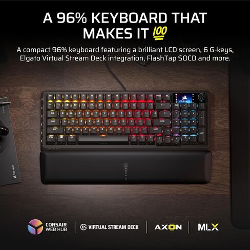 لوحة مفاتيح الألعاب الميكانيكية السلكية Corsair Vanguard 96 - تخطيط 96%، مفاتيح اللمس MLX Fusion، استقصاء 8000 هرتز، شاشة LCD، سطح تيار افتراضي، مفاتيح G، SOCD Flashtap، QWERTY US - أسود in Kuwait