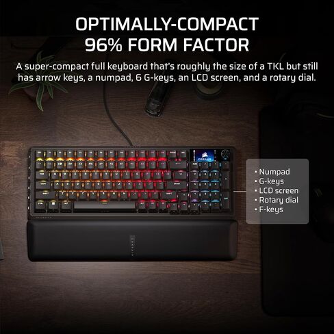 لوحة مفاتيح الألعاب الميكانيكية السلكية Corsair Vanguard 96 - تخطيط 96%، مفاتيح اللمس MLX Fusion، استقصاء 8000 هرتز، شاشة LCD، سطح تيار افتراضي، مفاتيح G، SOCD Flashtap، QWERTY US - أسود in Kuwait