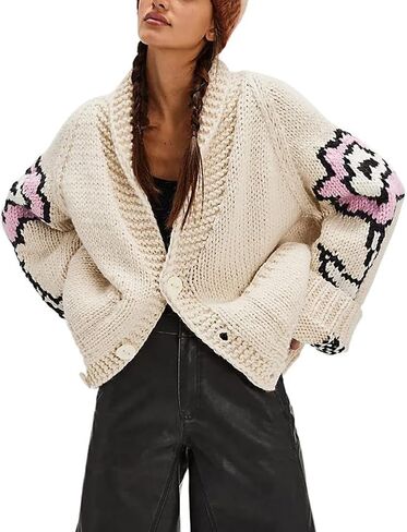 chouyatou Women's Fall Casual 2025 Floral Sweater Cardigans Oversized Button Down Chunky Knit Sweater Coatigan in Saudi Arabia