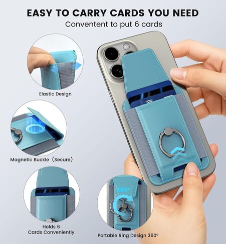 محفظة Mag-Safe مع حلقة قابلة للتعديل 360 درجة - محفظة مغناطيسية لهاتف iPhone، حافظة هاتف جلدية بغطاء RFID تحجب الخصوصية مع حامل 6 بطاقات لسلسلة iPhone-17/16/15/14/13/12 in Kuwait