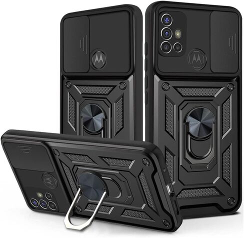 Ysnzaq Camouflage Military Grade Heavy Duty Shockproof Protection Case with Magnetic Bracket and Lens Slide Window Phone Cover for Motorola Moto G10 /Moto G20 /Moto G30 SJ Black in Saudi Arabia
