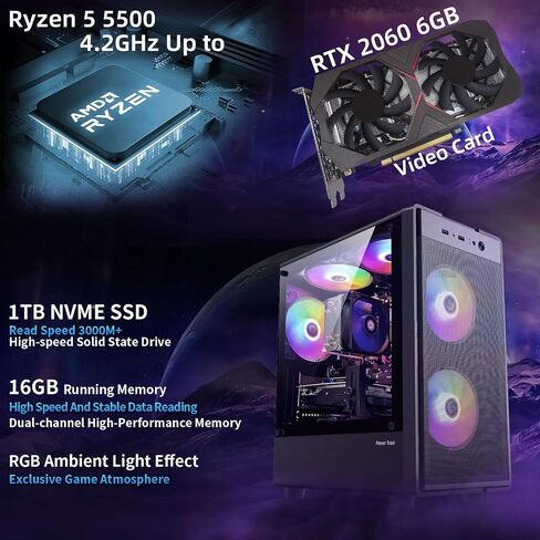 كمبيوتر مكتبي للألعاب، AMD Ryzen 5 5500 حتى 4.2 جيجا هرتز، Radeon RTX 2060 6G، 16G، DDR4، 1 تيرابايت SSD، WiFi 6، RGB Fan x5، أجهزة الكمبيوتر البرجية Windows 11 Home in Kuwait