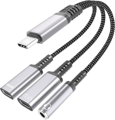 موزع USB-C 1 في 3 مخرج USB C لسماعات الرأس ومحول الشحن مع البيانات - مقبس سماعة الرأس USB-C إلى 3.5 مم + نوع C مزدوج لمحول الصوت والشاحن، يدعم الشحن السريع PD 60 وات والمكالمات ونقل البيانات in Saudi Arabia