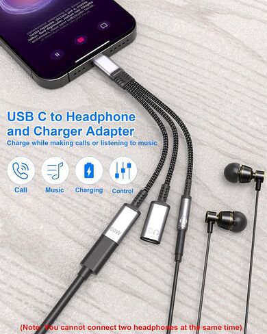 موزع USB-C 1 في 3 مخرج USB C لسماعات الرأس ومحول الشحن مع البيانات - مقبس سماعة الرأس USB-C إلى 3.5 مم + نوع C مزدوج لمحول الصوت والشاحن، يدعم الشحن السريع PD 60 وات والمكالمات ونقل البيانات in Saudi Arabia
