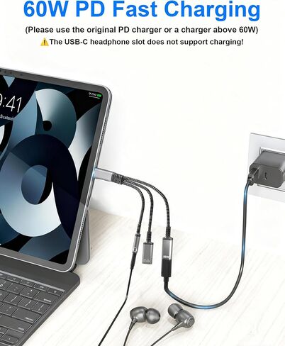 موزع USB-C 1 في 3 مخرج USB C لسماعات الرأس ومحول الشحن مع البيانات - مقبس سماعة الرأس USB-C إلى 3.5 مم + نوع C مزدوج لمحول الصوت والشاحن، يدعم الشحن السريع PD 60 وات والمكالمات ونقل البيانات in Saudi Arabia