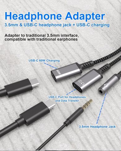 موزع USB-C 1 في 3 مخرج USB C لسماعات الرأس ومحول الشحن مع البيانات - مقبس سماعة الرأس USB-C إلى 3.5 مم + نوع C مزدوج لمحول الصوت والشاحن، يدعم الشحن السريع PD 60 وات والمكالمات ونقل البيانات in Saudi Arabia