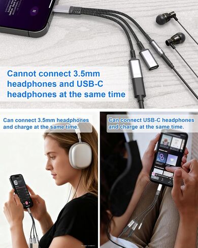 موزع USB-C 1 في 3 مخرج USB C لسماعات الرأس ومحول الشحن مع البيانات - مقبس سماعة الرأس USB-C إلى 3.5 مم + نوع C مزدوج لمحول الصوت والشاحن، يدعم الشحن السريع PD 60 وات والمكالمات ونقل البيانات in Saudi Arabia