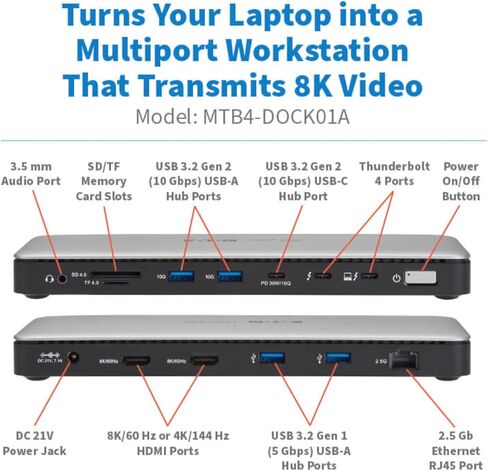 Eaton Tripp Lite Series MTB4-DOCK01A Thunderbolt 4 Dock Laptop Docking Station Dual Monitor, HDMI 8K 60Hz or 4K 144Hz - Audio, SD Card, 2X USB-C (1x TB 4), 4X USB-A, 2.5 Gb Ethernet, 96W PD Charging in Saudi Arabia