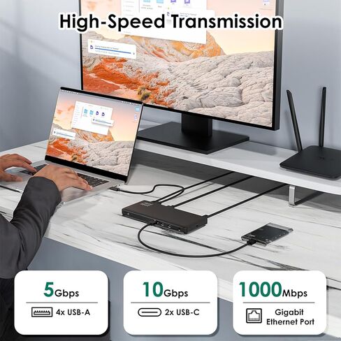 Minthouz 12 IN 1 Docking Station with 100W Charging, Triple Display, 1000Mbps LAN Port, Laptop Docking Station Monitor Single 8K or Triple 4K, 4X USB-A, 2X USB-C, Ethernet Port, for Windows Mac Chrome in Kuwait
