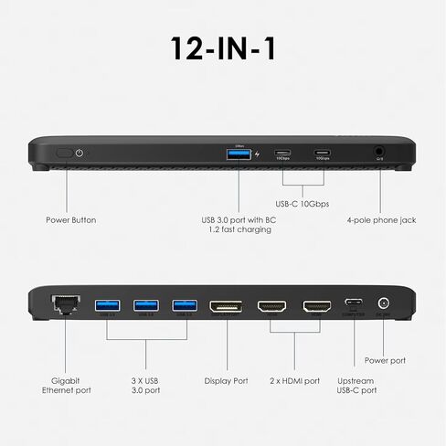 Minthouz 12 IN 1 Docking Station with 100W Charging, Triple Display, 1000Mbps LAN Port, Laptop Docking Station Monitor Single 8K or Triple 4K, 4X USB-A, 2X USB-C, Ethernet Port, for Windows Mac Chrome in Kuwait