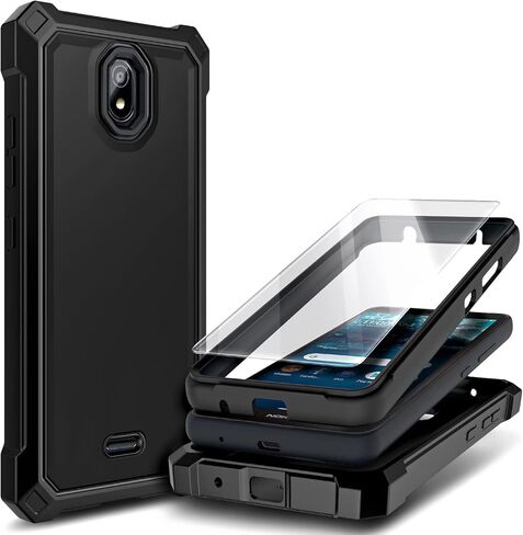 Compatible with Nokia C100 Case with Tempered Glass Screen Protector, Full-Body Protective Shockproof Rugged Bumper Cover, Impact Resist Phone Cover Case (Black) in Kuwait