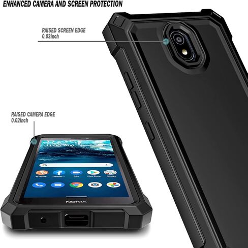 Compatible with Nokia C100 Case with Tempered Glass Screen Protector, Full-Body Protective Shockproof Rugged Bumper Cover, Impact Resist Phone Cover Case (Black) in Kuwait