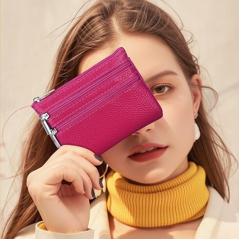 Genuine Leather Coin Purse Keychain Wallet with Zip Closure, Premium Small Pocket Organizer for Women in Saudi Arabia