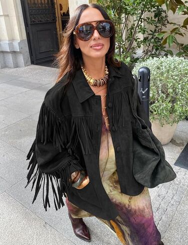 FOMELY هامش سترة المرأة سترة من جلد الغزال فو هامش عادية كم طويل الخريف خمر الغربية 2025 ملابس راعية البقر مع جيوب in Kuwait
