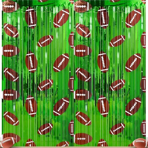 2 Pack Football Party Decorations, 3.3 x 6.6 FT Football Foil Fringe Curtains Green Brown Tinsel Backdrop, Party Steamers Photo Booth Props for Bowl Birthday Game Day Sunday Night Decor Supplies in Saudi Arabia