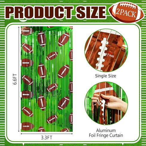 2 Pack Football Party Decorations, 3.3 x 6.6 FT Football Foil Fringe Curtains Green Brown Tinsel Backdrop, Party Steamers Photo Booth Props for Bowl Birthday Game Day Sunday Night Decor Supplies in Saudi Arabia