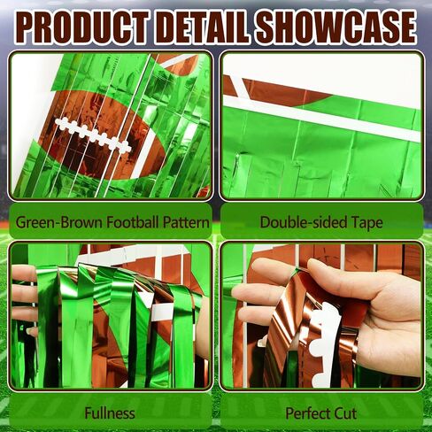2 Pack Football Party Decorations, 3.3 x 6.6 FT Football Foil Fringe Curtains Green Brown Tinsel Backdrop, Party Steamers Photo Booth Props for Bowl Birthday Game Day Sunday Night Decor Supplies in Saudi Arabia