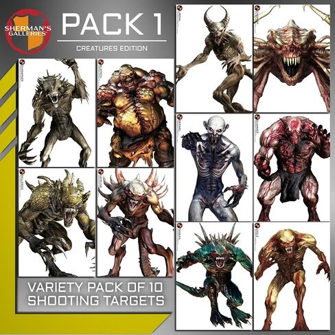 SHERMAN'S GALLERIES Pack 1: Creatures Edition - 20"×28" - 10 Paper Shooting Targets, Assorted Characters - USA Brand, Made in Japan in Saudi Arabia
