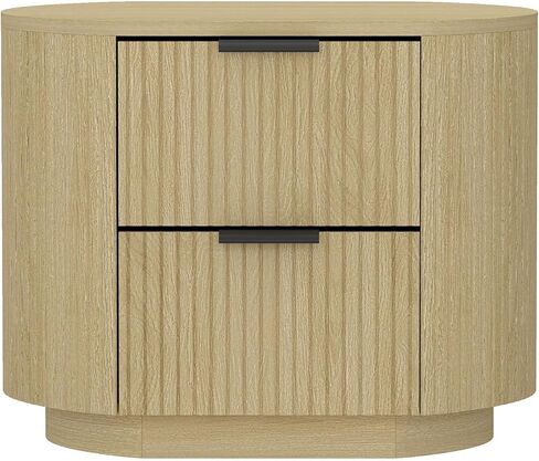 Manhattan Comfort Olivia Modern Nightstand with 2 Drawers, Raised Base, Ribbed Texture and Rounded Corners, Bedside End Table for Bedroom or Living Room in Natural Oak Finish and Gold Handles in Kuwait