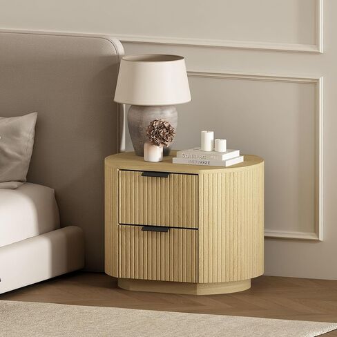 Manhattan Comfort Olivia Modern Nightstand with 2 Drawers, Raised Base, Ribbed Texture and Rounded Corners, Bedside End Table for Bedroom or Living Room in Natural Oak Finish and Gold Handles in Kuwait