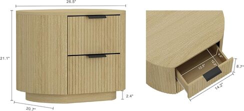 Manhattan Comfort Olivia Modern Nightstand with 2 Drawers, Raised Base, Ribbed Texture and Rounded Corners, Bedside End Table for Bedroom or Living Room in Natural Oak Finish and Gold Handles in Kuwait