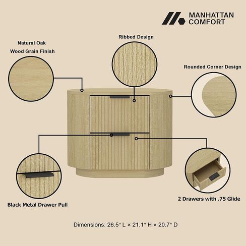 Manhattan Comfort Olivia Modern Nightstand with 2 Drawers, Raised Base, Ribbed Texture and Rounded Corners, Bedside End Table for Bedroom or Living Room in Natural Oak Finish and Gold Handles in Kuwait