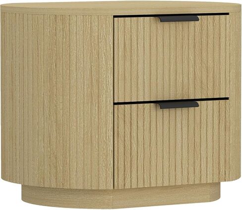 Manhattan Comfort Olivia Modern Nightstand with 2 Drawers, Raised Base, Ribbed Texture and Rounded Corners, Bedside End Table for Bedroom or Living Room in Natural Oak Finish and Gold Handles in Kuwait