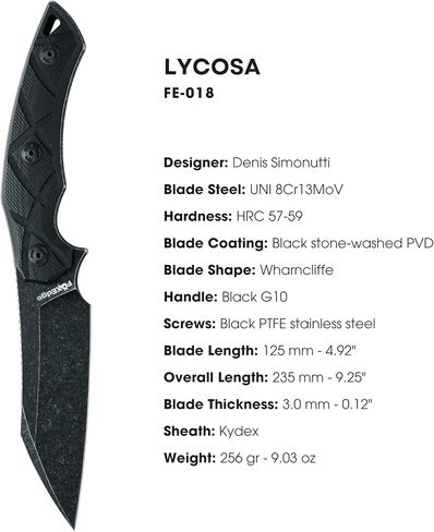 Fox Edge Lycosa FE-018 Fixed Blade Knife, 4.92in 8Cr13MoV Wharncliffe Full Tang Blade, G10 Handle, Kydex Sheath, Outdoor Survival Camping Knife (Black) in Saudi Arabia