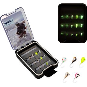 Tungsten Ice Fishing Jigs Kit, 15/21/30/45-Piece 3.2/4/5/6mm Glow in Dark Tear Drop Lures with 2-Sided Waterproof Tackle Box - Walleye/Perch/Crappie Jigs for Cold Water in Saudi Arabia