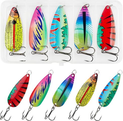 5pcs Fishing Spoons, Metal Jigging Casting Lure Trolling Spoon with Treble Hook for Tuna Salmon Bass Walleye Trout Saltwater Freshwater Fishing with Tackle Box in Saudi Arabia