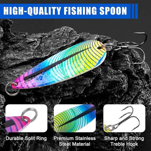 5pcs Fishing Spoons, Metal Jigging Casting Lure Trolling Spoon with Treble Hook for Tuna Salmon Bass Walleye Trout Saltwater Freshwater Fishing with Tackle Box in Saudi Arabia