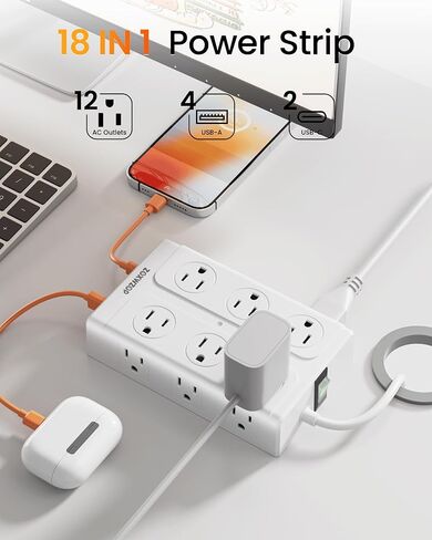 Surge Protector Power Strip - 12 Outlets(1850W/15A) 6 USB Ports（2 USB C, 6FT Flat Plug Extension Cord, Wall Mount Multi Plug Outlet Extender, ETL Listed for Home, Dorm Room in Saudi Arabia