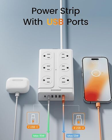 Surge Protector Power Strip - 12 Outlets(1850W/15A) 6 USB Ports（2 USB C, 6FT Flat Plug Extension Cord, Wall Mount Multi Plug Outlet Extender, ETL Listed for Home, Dorm Room in Saudi Arabia